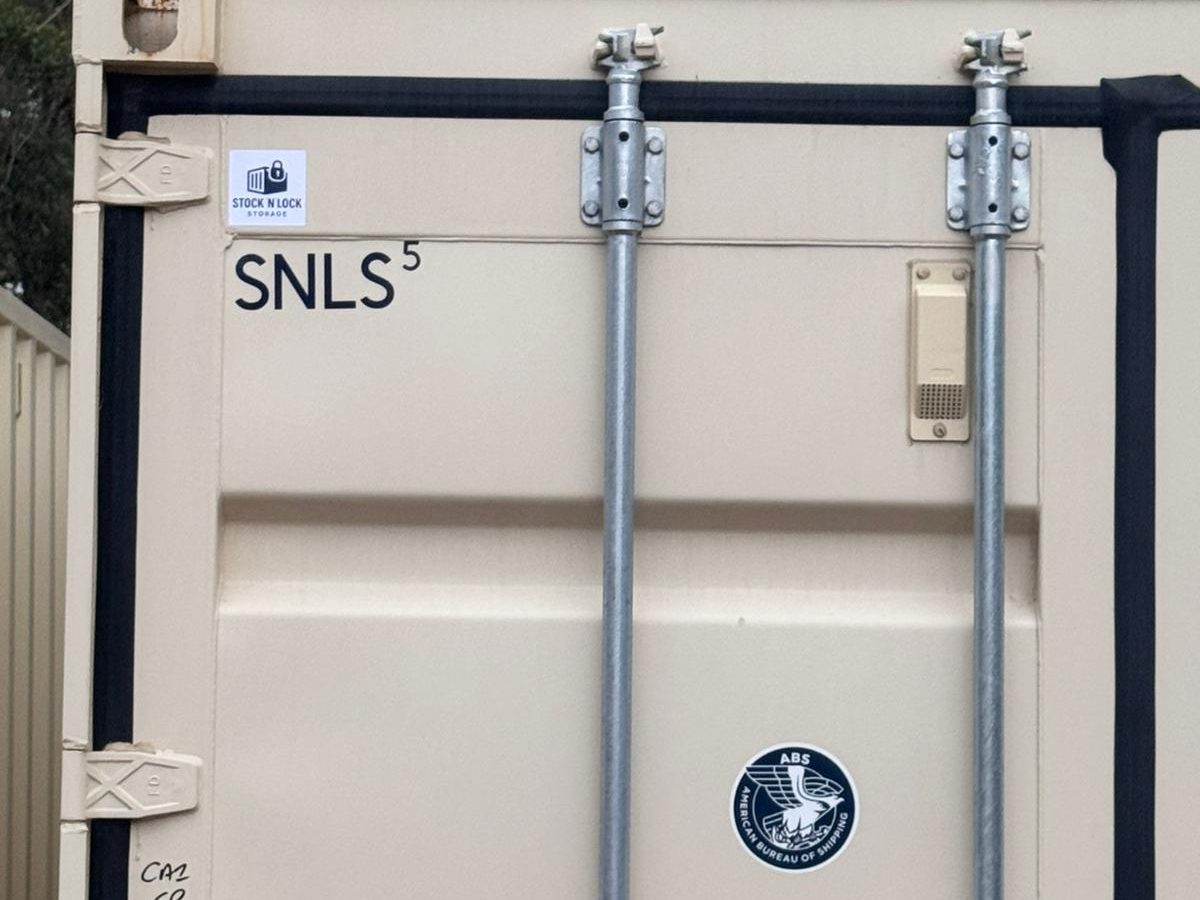 Close-up of the lockable double doors and locking bars on a Stock'n Lock shipping container